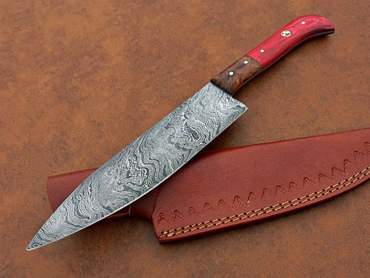 Custom Hand-Forged Damascus Steel Chef Knife | Multipurpose Kitchen & Camping Knife with Leather Sheath