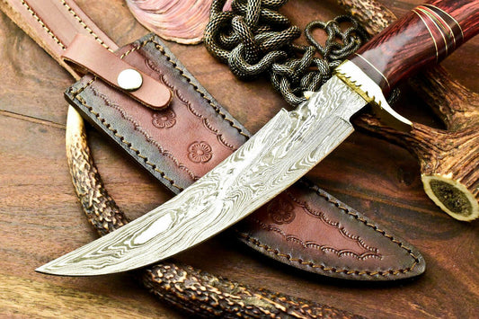 Ironwood 13 Inch Damascus Bowie Hunting Knife | Hard Wood Handle