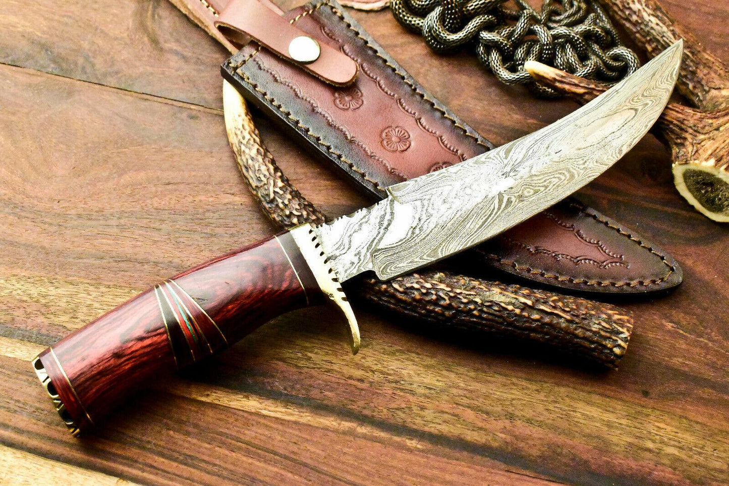 Ironwood 13 Inch Damascus Bowie Hunting Knife | Hard Wood Handle