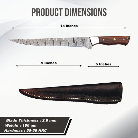 14" Custom Handmade Damascus Fillet Knife Best Fillet Knife W/Sheath