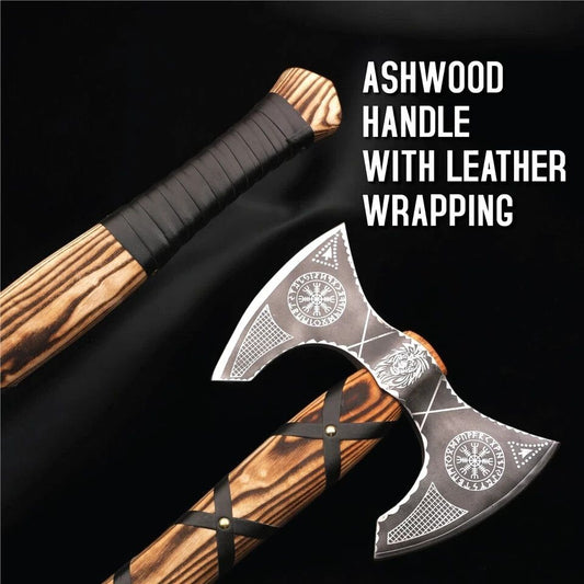 Large Norse Berserker Double Headed Viking Axe – Hand Forged Carbon Steel with Wood Handle and Leather Sheath