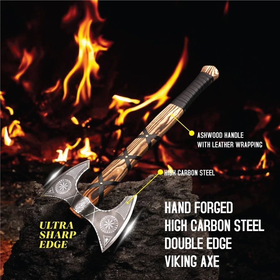 Large Norse Berserker Double Headed Viking Axe – Hand Forged Carbon Steel with Wood Handle and Leather Sheath