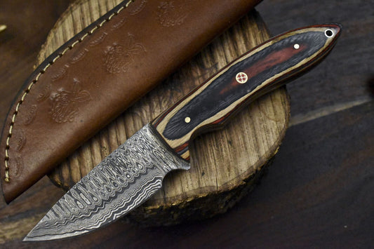 Hand Forged Ladder Damascus Skinner Knife with Hardwood Handle – Rare Handmade Hunting Blade