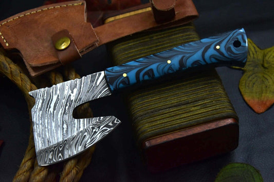 Custom Damascus Steel Axe Hunting Knife | Handmade Resin Handle Blade with Sheath