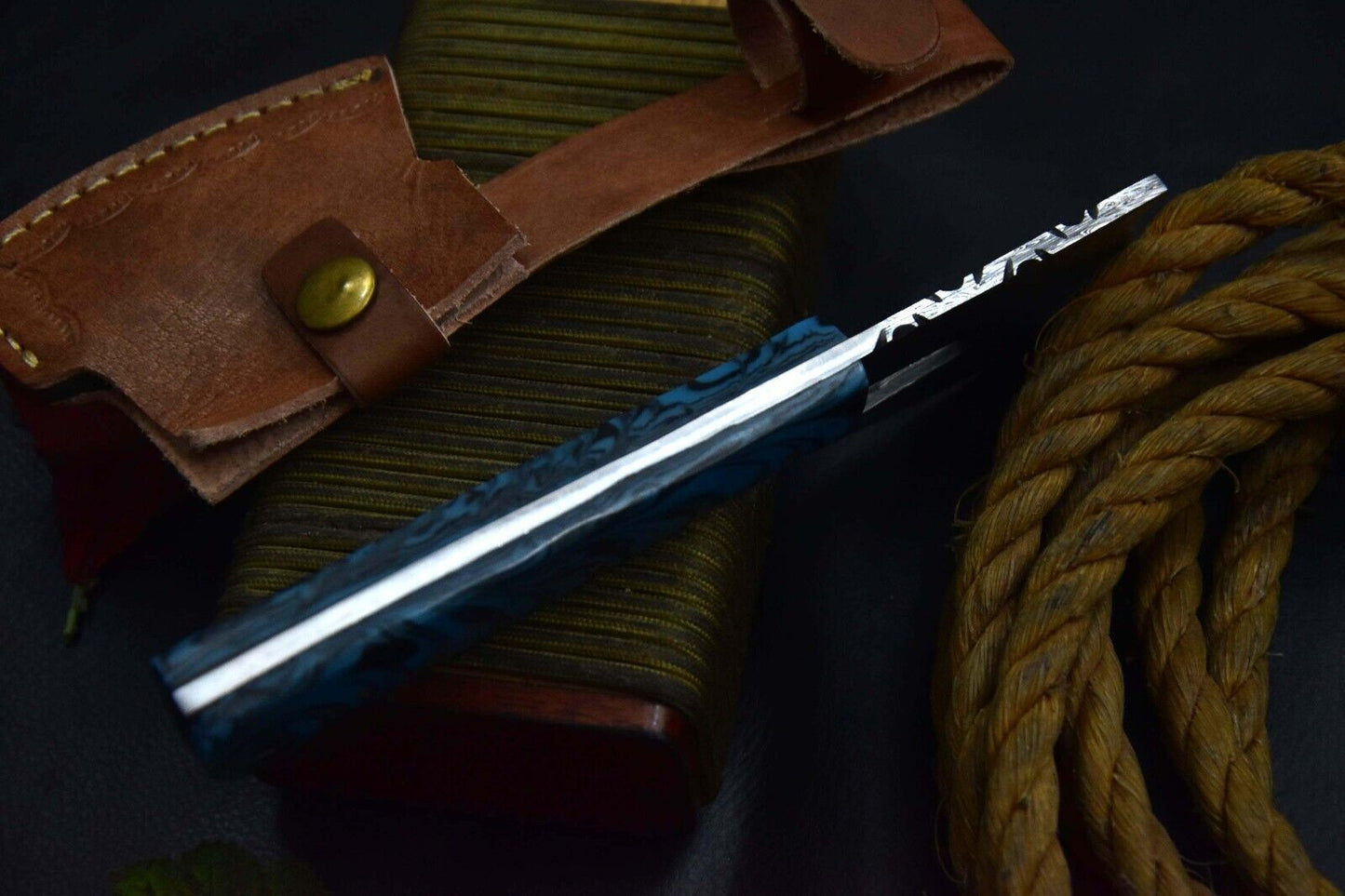 Custom Damascus Steel Axe Hunting Knife | Handmade Resin Handle Blade with Sheath