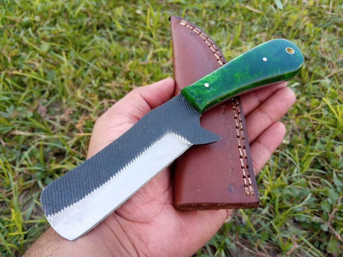 8" Handmade D2 Steel Skinner Hunting Knife with Resin Handle & Leather Sheath