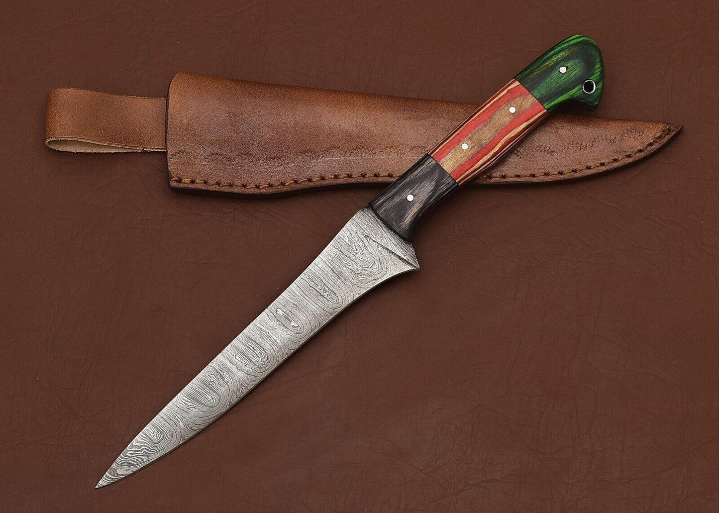Handmade Damascus Steel Chef & Fillet Knife 8" Blade Pakka Wood Handle