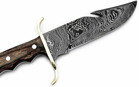 11" Damascus Gut Hook Bowie Knife | Handmade Hunting Bowie with Wood Handle
