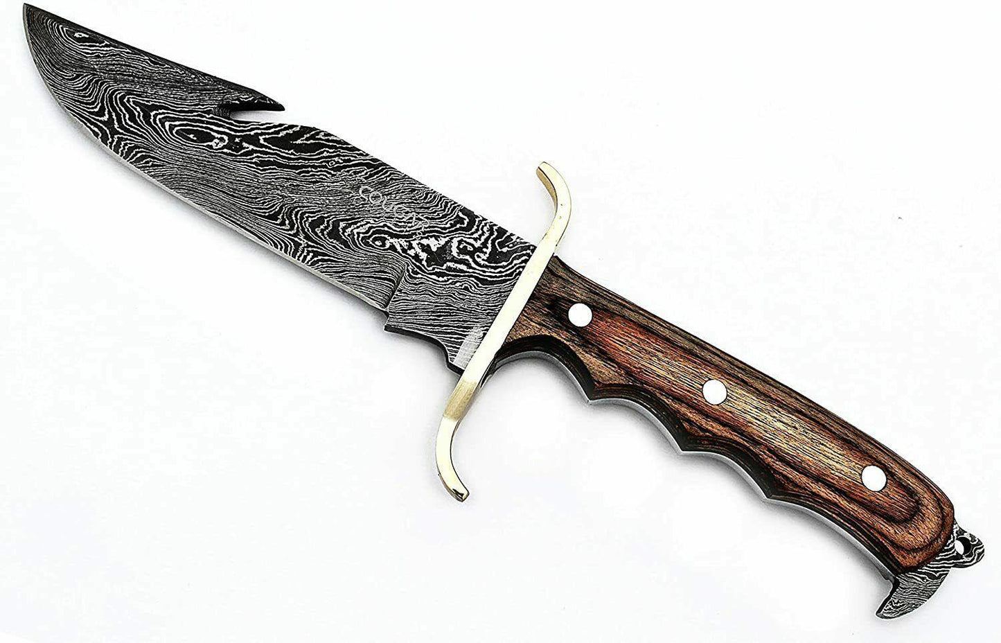 11" Damascus Gut Hook Bowie Knife | Handmade Hunting Bowie with Wood Handle