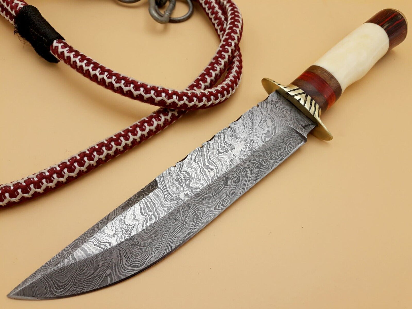 12.3" Handmade Damascus Steel Hunting Bowie Knife – Camel Bone Handle & Brass Guard