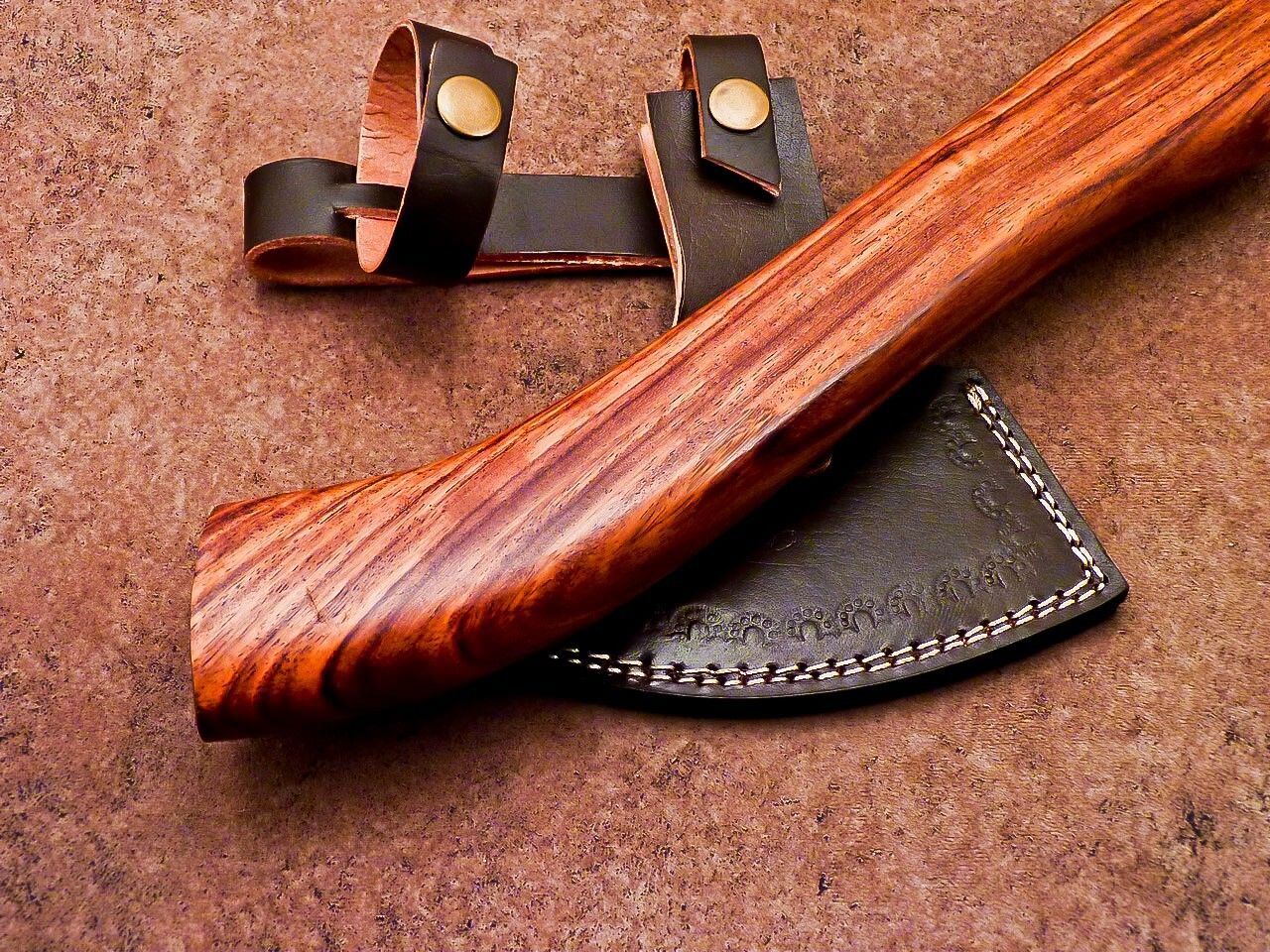 Handmade Damascus Steel Mini Tomahawk Axe with Natural Wood Handle and Leather Sheath