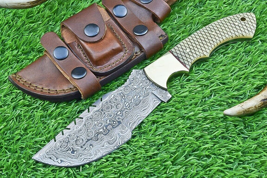 10 Inch Damascus Tracker Bowie Knife with Camel Bone Handle