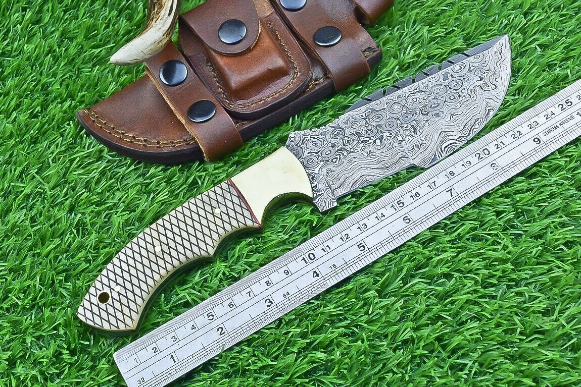 10 Inch Damascus Tracker Bowie Knife with Camel Bone Handle