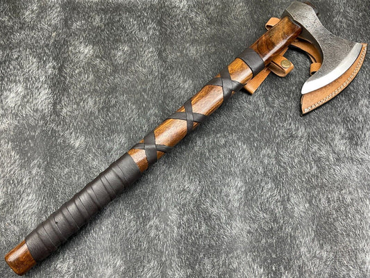 Handmade Carbon Steel Viking Tomahawk Axe | 22" Camping & Hunting Axe with Leather Sheath