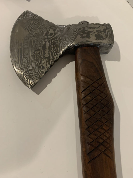 Hand Forged Damascus Steel Axe Hatchet with Wood Handle and Leather Sheath