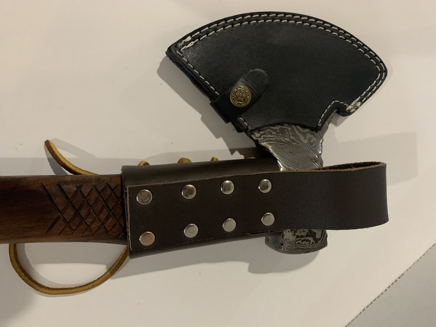 Hand Forged Damascus Steel Axe Hatchet with Wood Handle and Leather Sheath