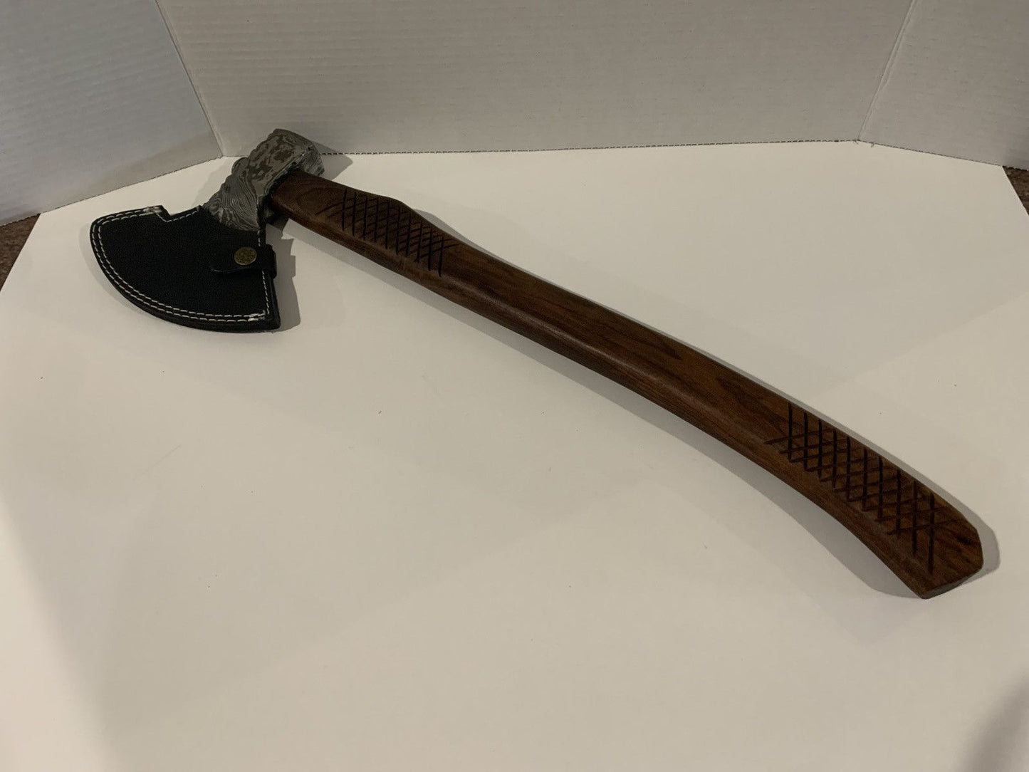 Hand Forged Damascus Steel Axe Hatchet with Wood Handle and Leather Sheath