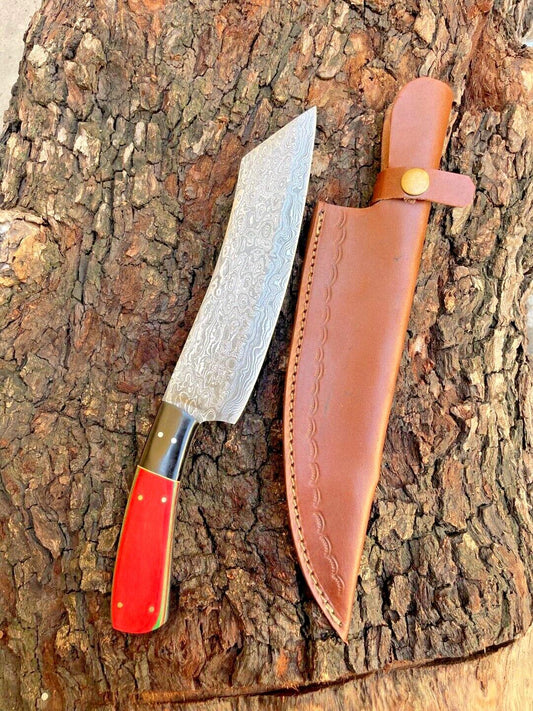 Hand Forged Damascus Steel Kitchen Cleaver Knife – Custom Cutting & Chopping Wood Handle