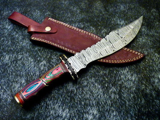 15" Hand Forged Damascus Hunting Bowie Knife | Hard Wood Handle