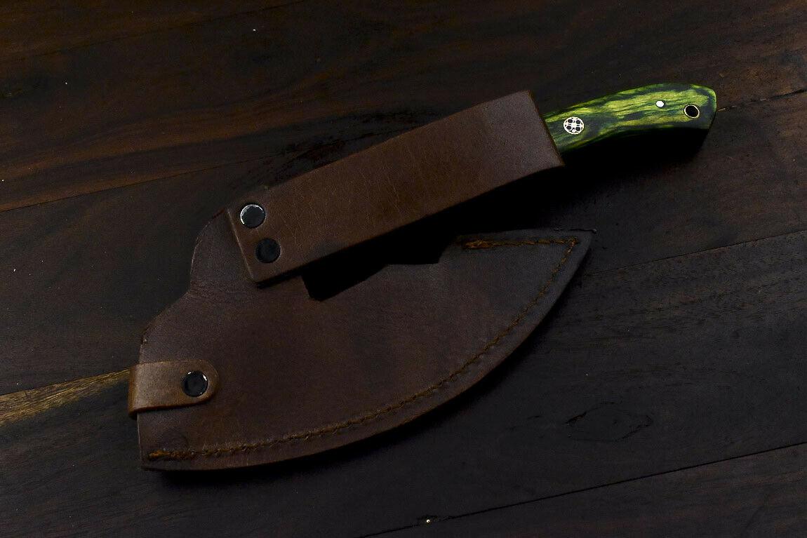 Hand Forged Damascus Axe Knife Hard Wood Hunting Clever Chopper with Leather Sheath