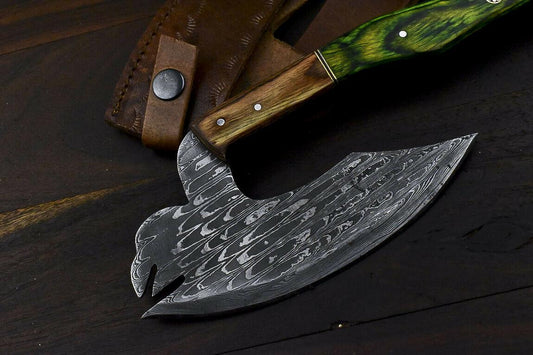 Hand Forged Damascus Axe Knife Hard Wood Hunting Clever Chopper with Leather Sheath