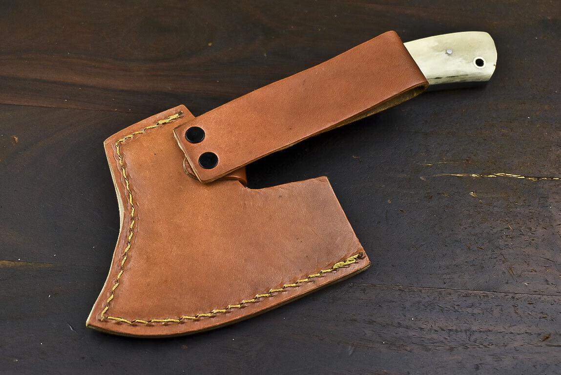 Fixed Blade Damascus Steel Hunting Axe Knife Camel Bone Handle Clever Chopper with Leather Sheath