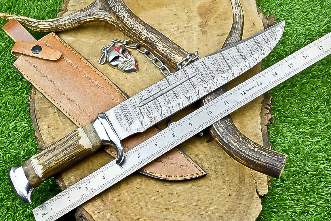 17" Premium Handmade Damascus Steel Bowie Knife – Stag Horn Handle with Leather Sheath