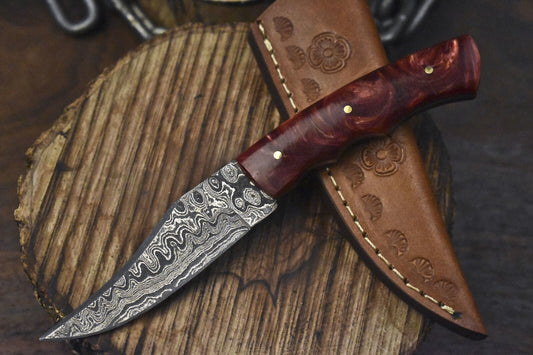 7" Hand Forged Damascus Skinner Knife with Corian Handle – Raindrop Pattern Outdoor Gift