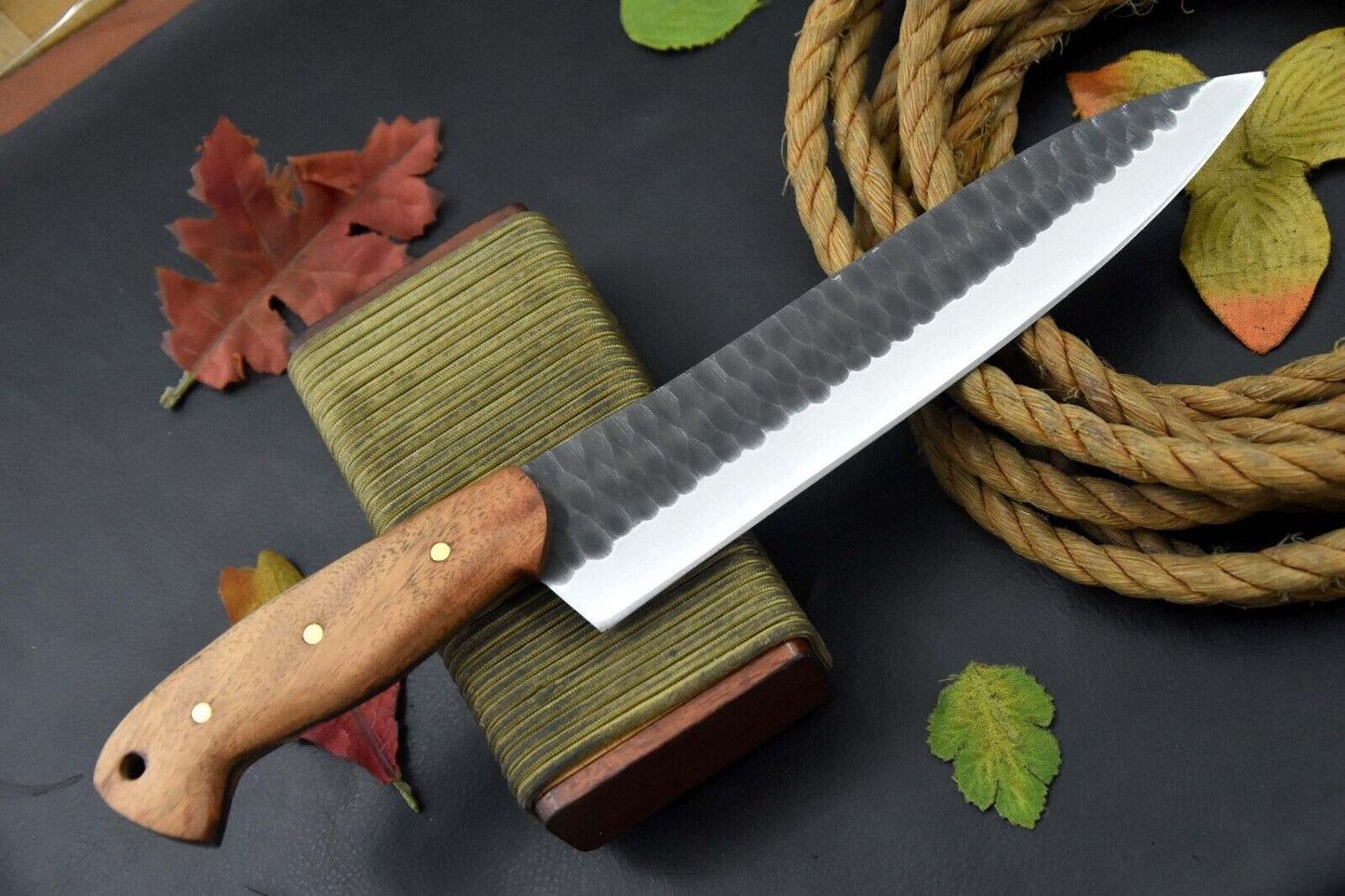 Custom 13.4" Hammered 5160 Spring Steel Chef Knife with Walnut Handle – Handmade