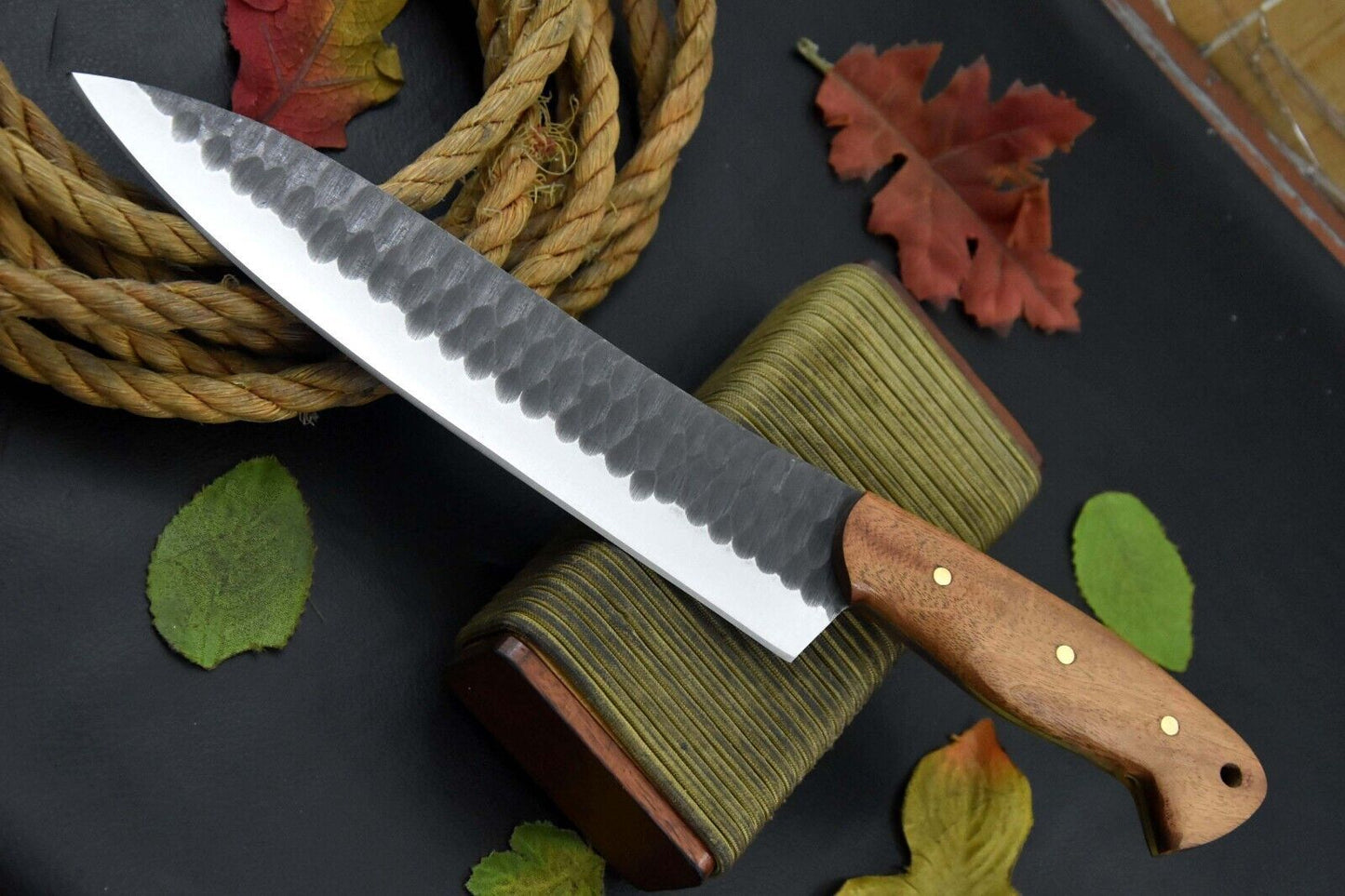 Custom 13.4" Hammered 5160 Spring Steel Chef Knife with Walnut Handle – Handmade