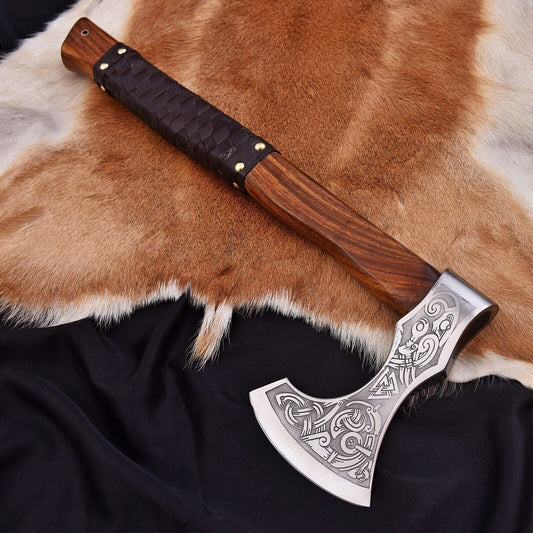 19.5 Inch Viking Hand Forged 1095 High Carbon Steel Combat Axe with Exotic Wood Handle