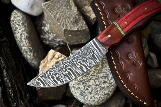 Twist Damascus Skinner Knife with Hardwood Handle – 8.5" Hand Forged EDC Hunting Knife