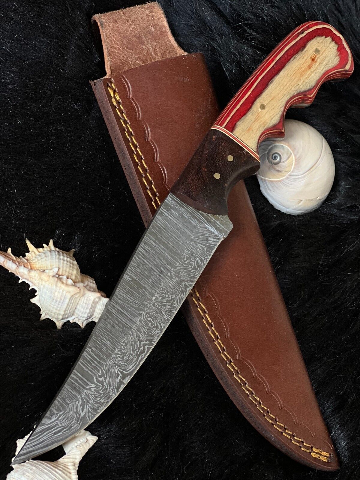 10.25" Custom Twist Damascus Bowie Knife – Camel Bone & Wood Handle
