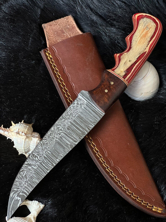 10.25" Custom Twist Damascus Bowie Knife – Camel Bone & Wood Handle