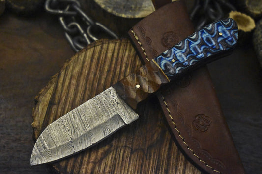 8" Handmade Twist Damascus Skinner Knife with Hardwood Handle and Survival Design