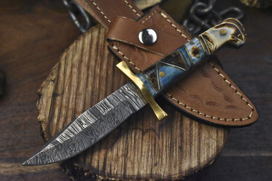 Custom Twist Damascus Skinner Knife with Bone Handle and Brass Guard 8 Inch Hiking Collectible