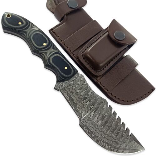 Handmade Damascus Steel Tracker Knife EDC – Full Tang Hunting, Camping & Survival Knife with Micarta Handle and Premium Leather Sheath