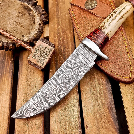 9.5" Damascus Bowie Knife | Stag Antler & Leather Sheath