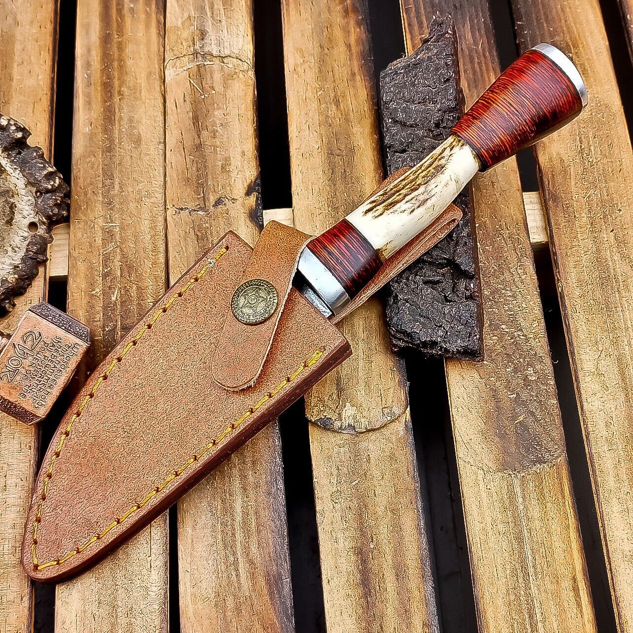 9.5" Damascus Bowie Knife | Stag Antler & Leather Sheath