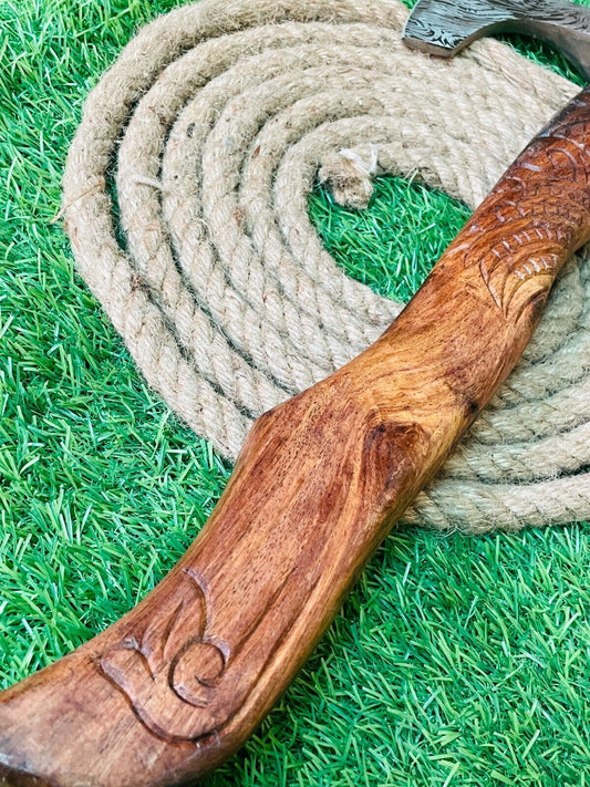 Handmade Forged Damascus Steel Viking Bearded Camping Axe with Leather Sheath