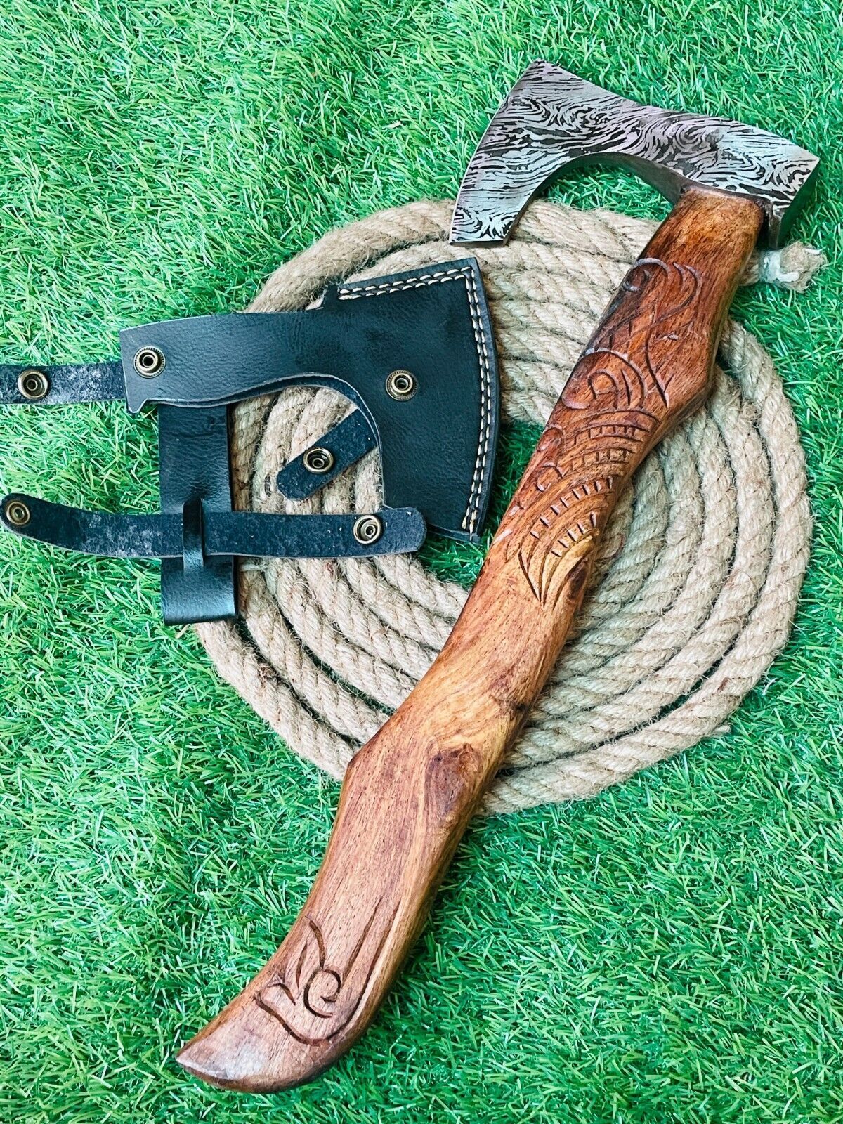 Handmade Forged Damascus Steel Viking Bearded Camping Axe with Leather Sheath
