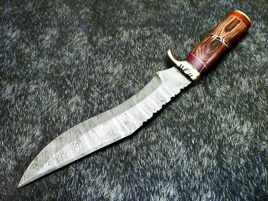 15" Hand-Forged Damascus Steel Bowie Hunting Knife – Hardwood Handle & Brass Bolster