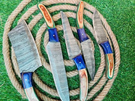 Custom Handmade Damascus Steel 5 Knives Cutlery Chef Knife Set with Bag for Kitchen