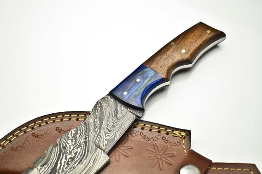 Custom Handmade Damascus Steel Tracker Knife | Walnut Wood Handle with Leather Sheath