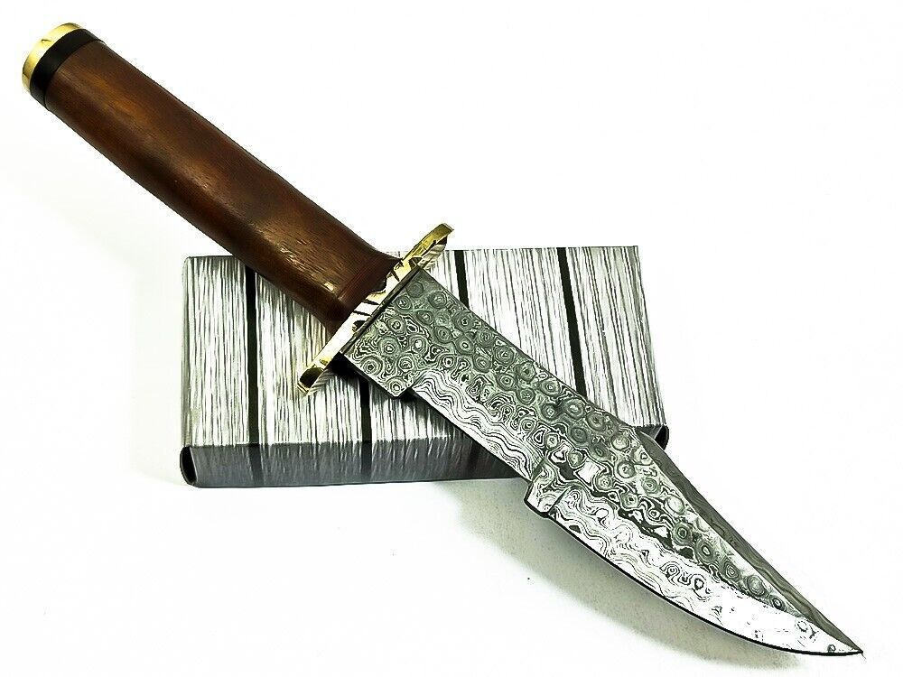 12.5" Handmade Damascus Steel Bowie Hunting Knife – Hardwood Handle, Brass Guard & Sheath