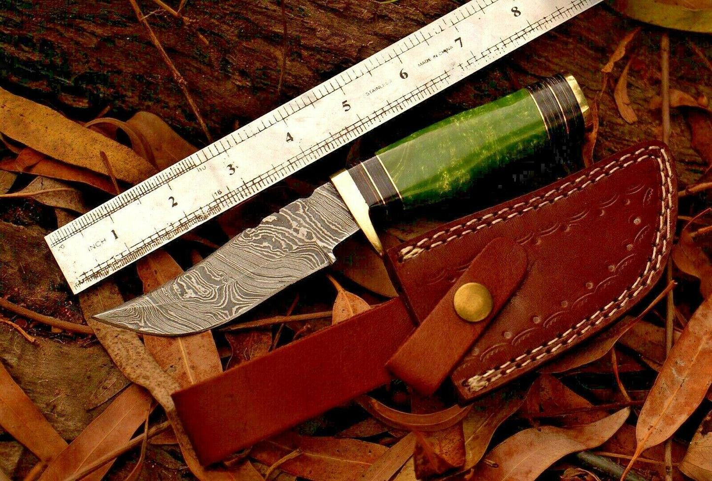 Handmade Damascus Steel Bowie Knife – Resin Handle & Brass Guard (8")