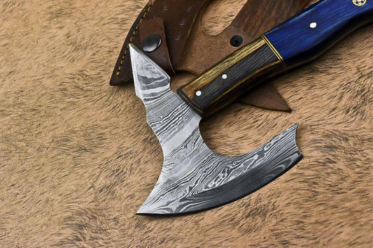 Handmade Damascus Steel Axe Clever Chopper Hunting Knife Hard Wood Handle with Leather Sheath