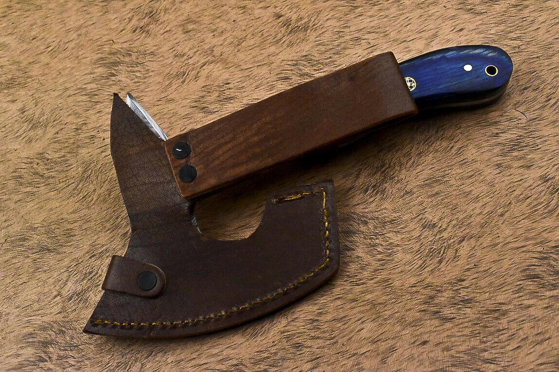 Handmade Damascus Steel Axe Clever Chopper Hunting Knife Hard Wood Handle with Leather Sheath