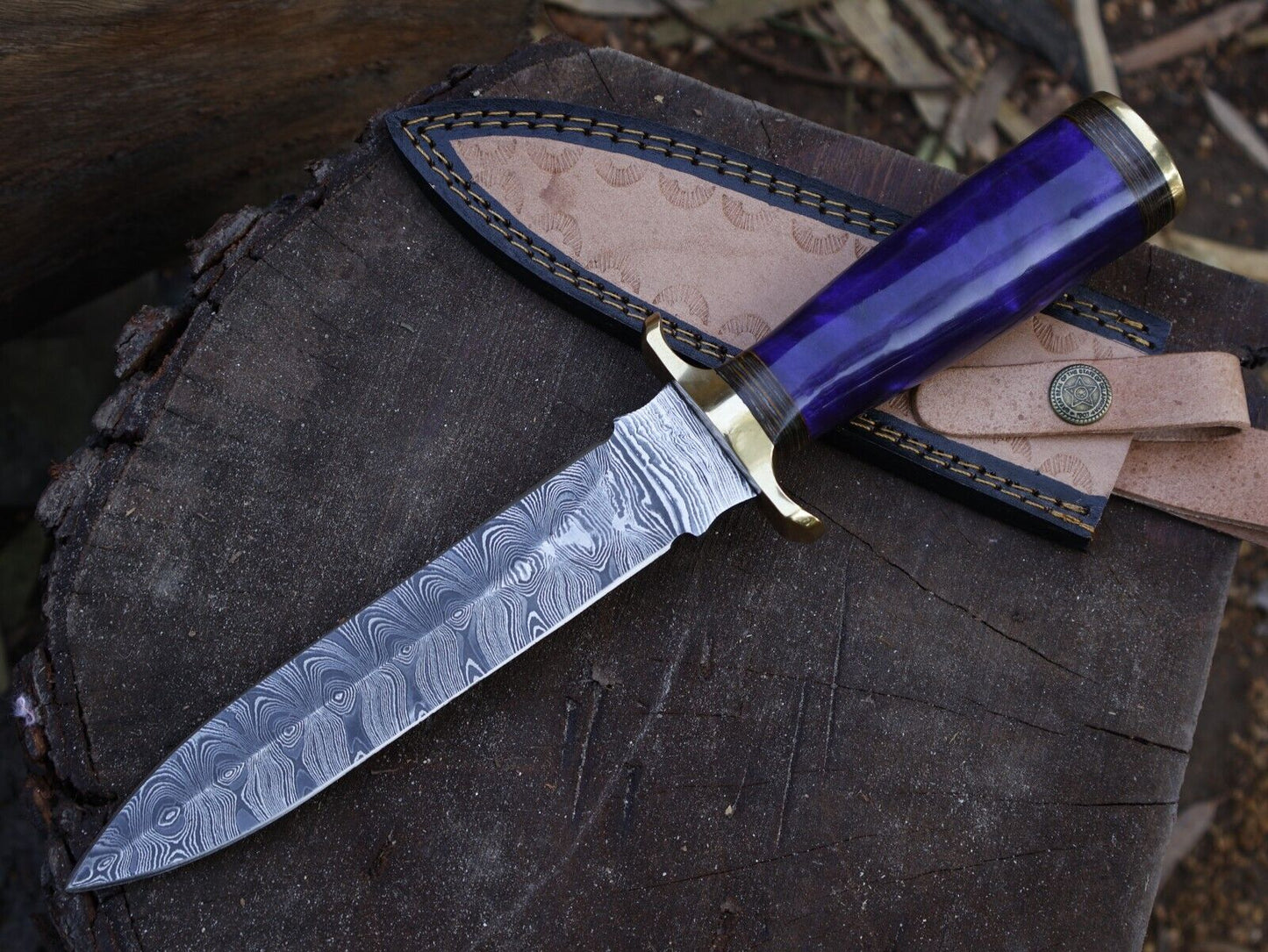 12 Inch Damascus Steel Dagger Knife Resin Hardwood Handle Leather Sheath