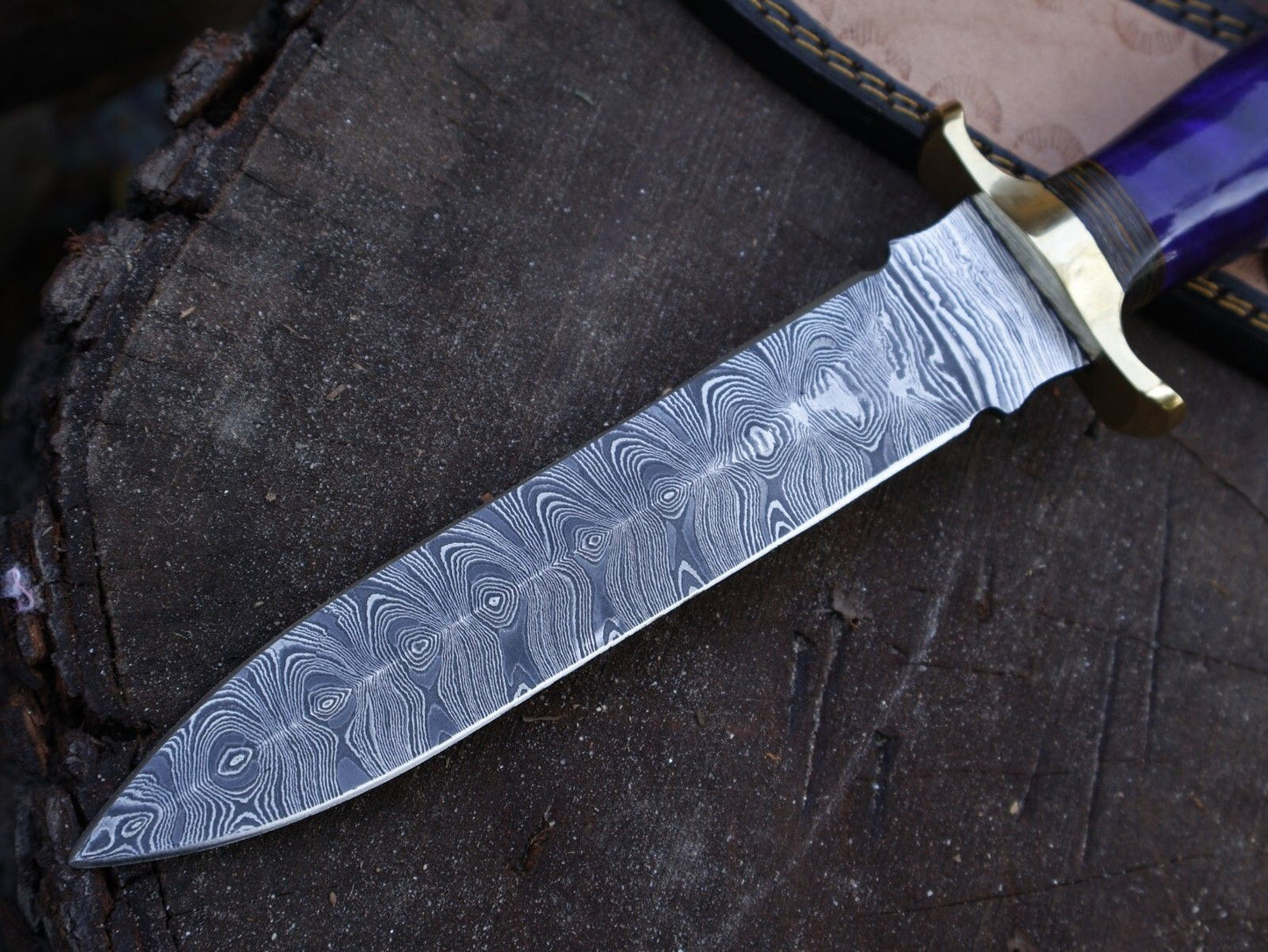 12 Inch Damascus Steel Dagger Knife Resin Hardwood Handle Leather Sheath